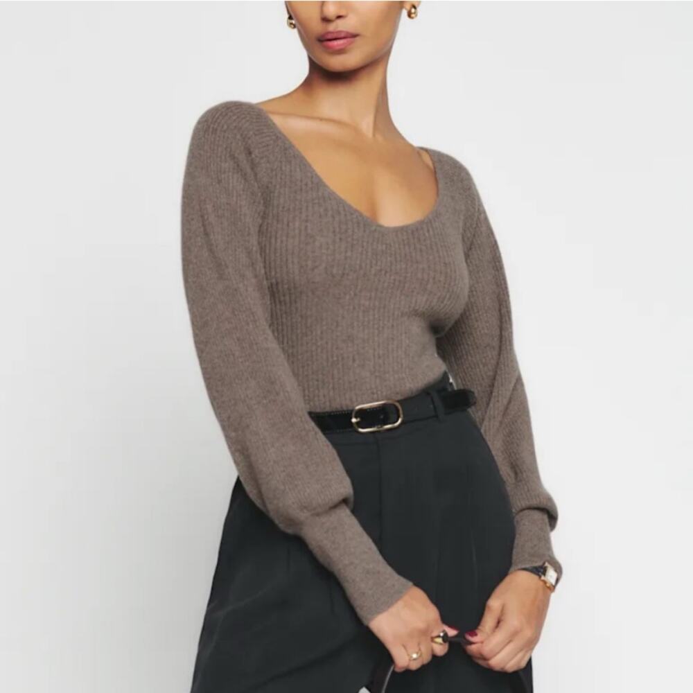 Reformation Hart Cocoa Brown Ribbed Scoop Neck Cashmere Sweater 1x NWT
